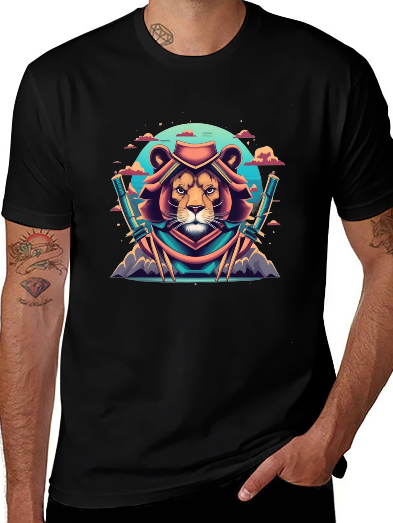 Lion Samurai Graphic Tee - Black Cotton T-Shirt