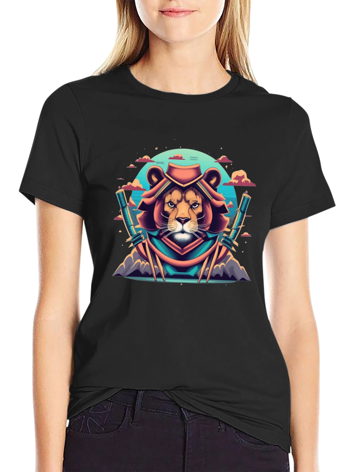 Lion Samurai Graphic Tee - Black Cotton T-Shirt