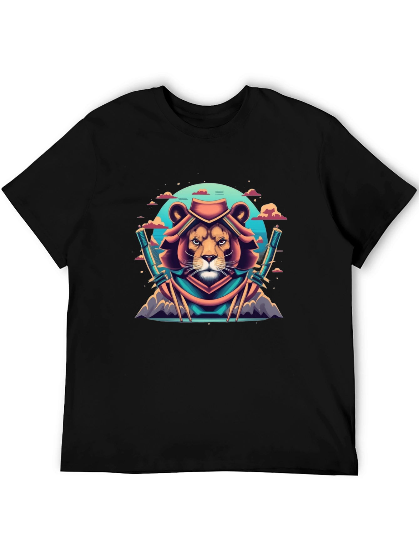 Lion Samurai Graphic Tee - Black Cotton T-Shirt