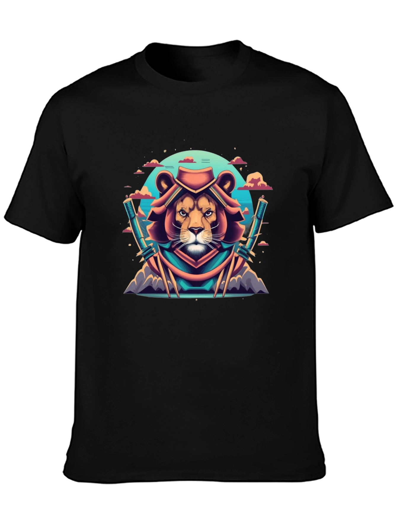 Lion Samurai Graphic Tee - Black Cotton T-Shirt