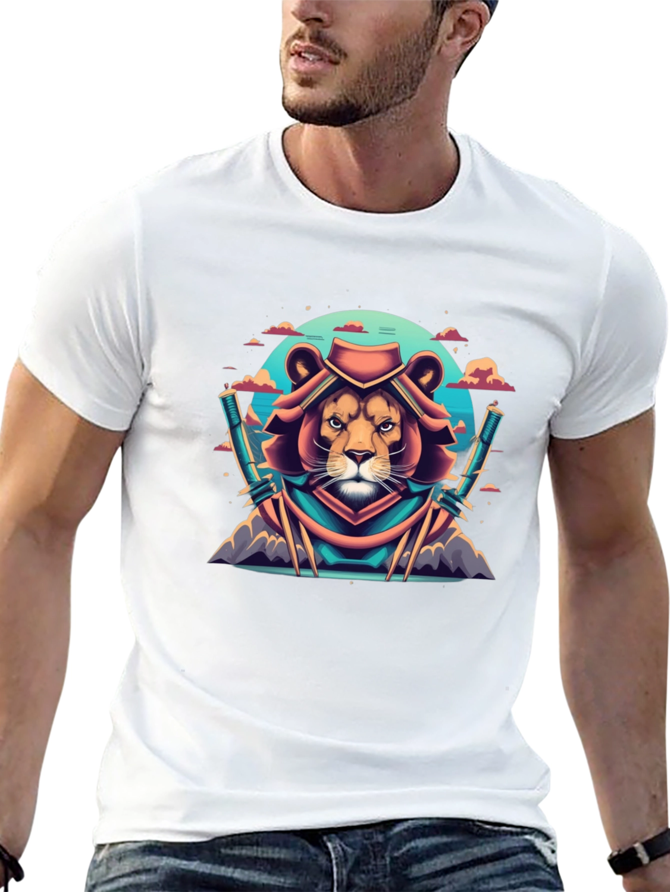 Lion Samurai Graphic Tee - Black Cotton T-Shirt
