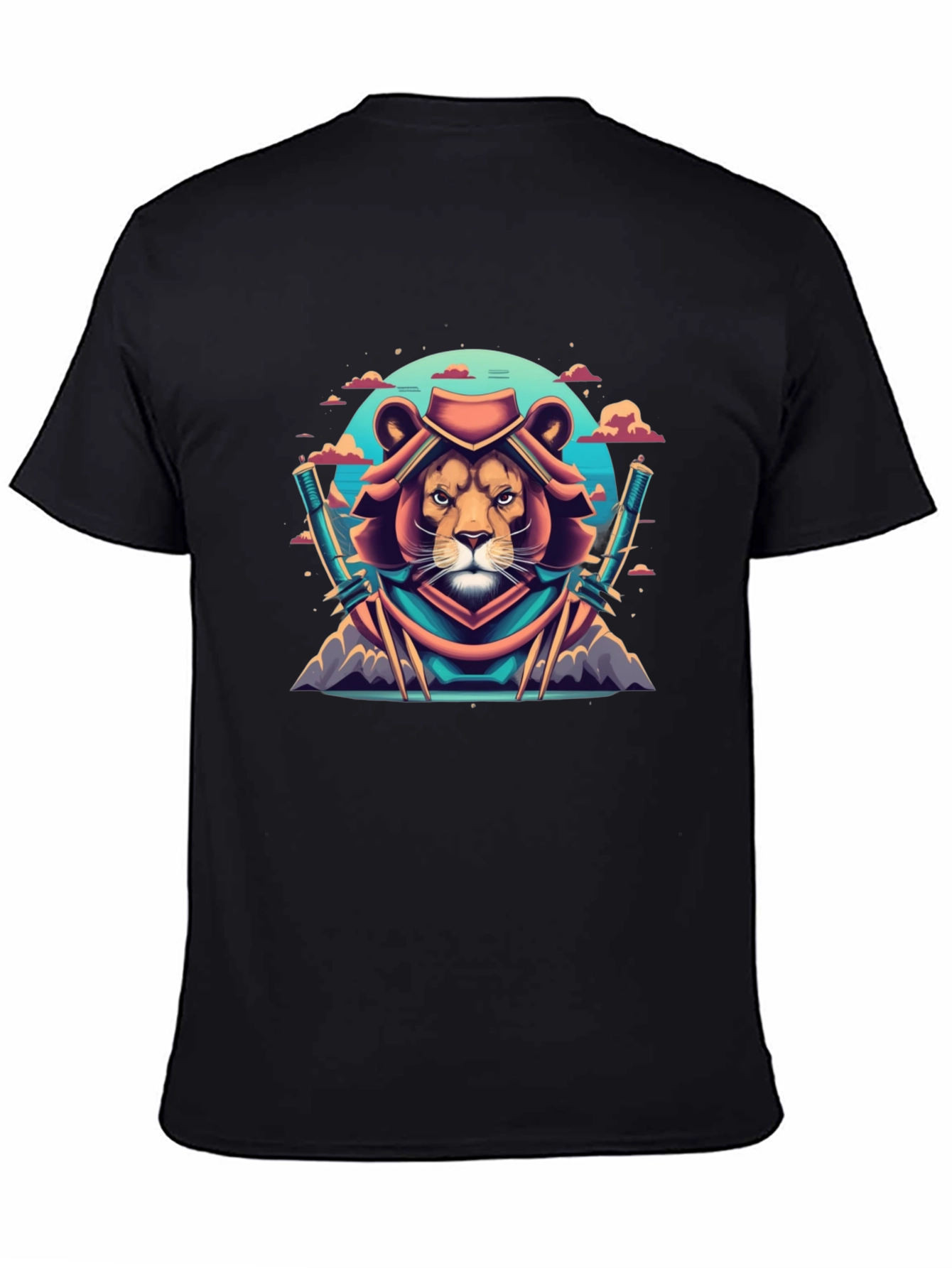 Lion Samurai Graphic Tee - Black Cotton T-Shirt
