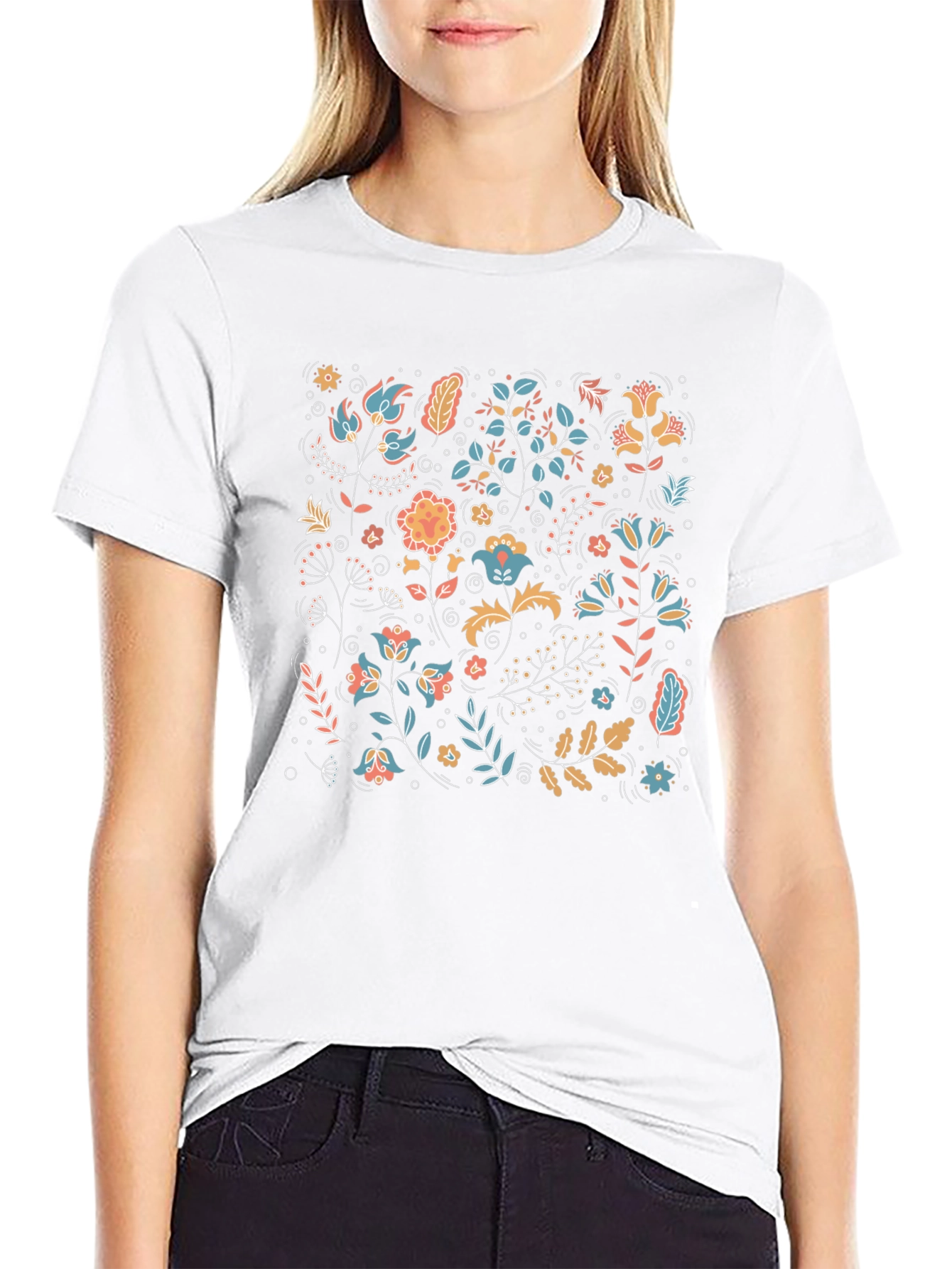 Floral Pattern Black Crew Neck T-Shirt