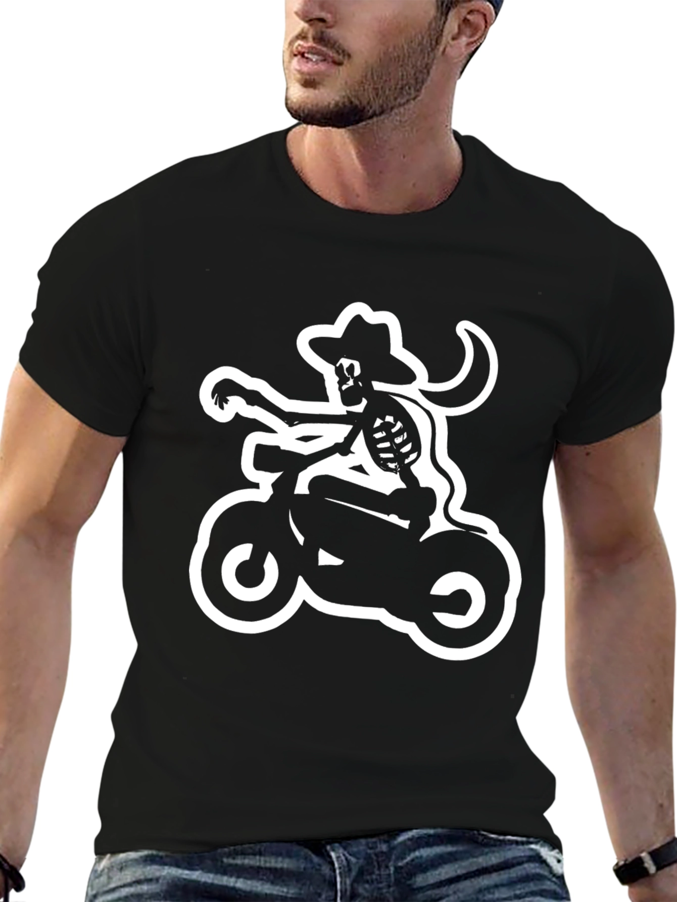 Skeleton Cowboy Motorcycle Black T-Shirt