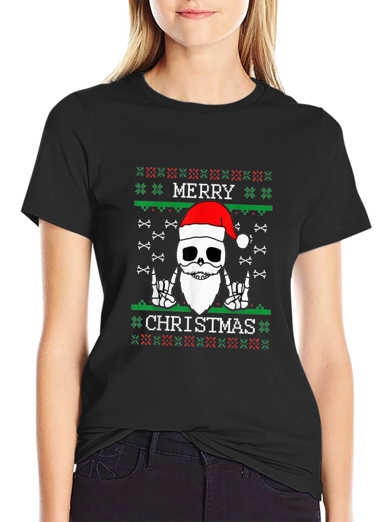 Merry Christmas Skeleton Ugly Sweater Style T-Shirt