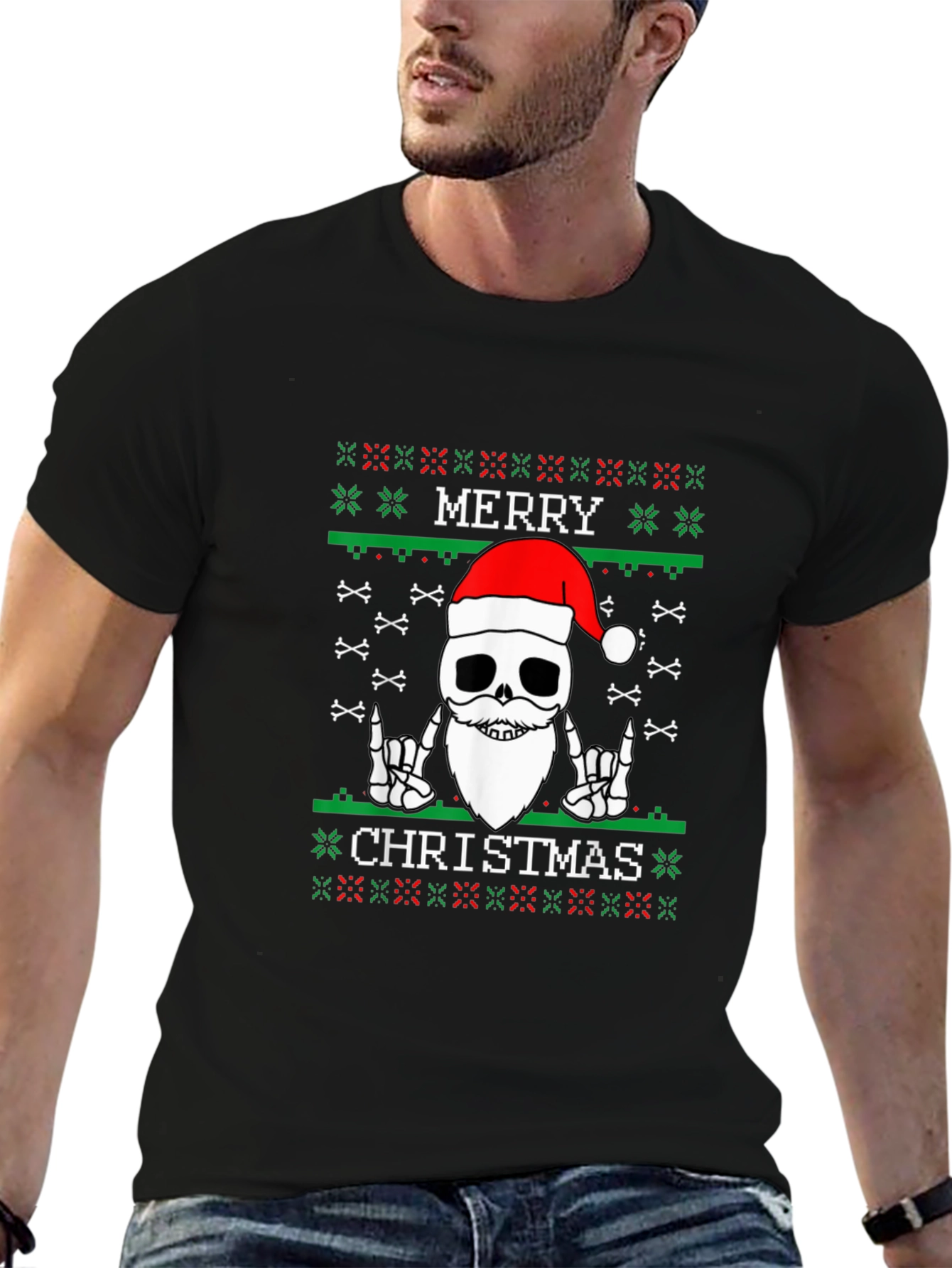 Merry Christmas Skeleton Ugly Sweater Style T-Shirt