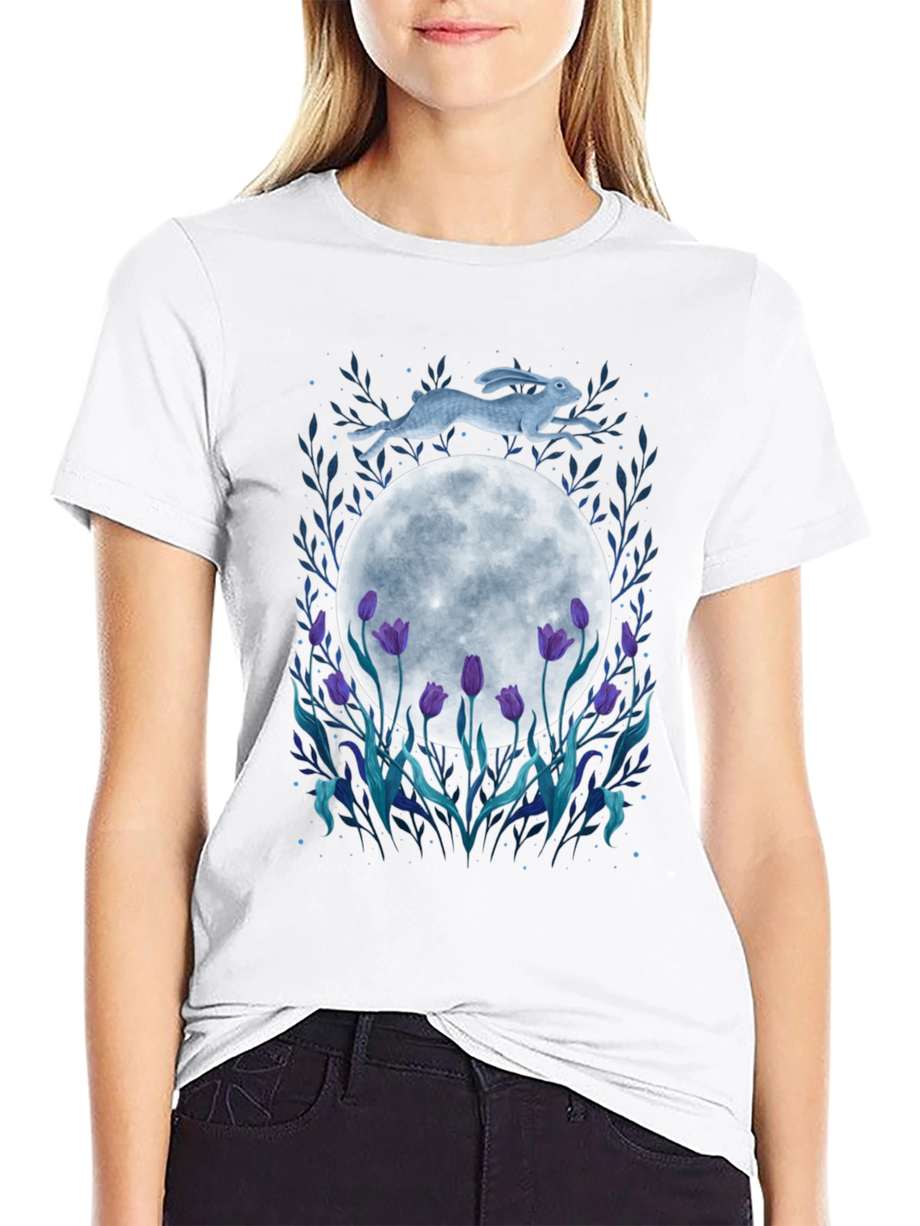 Moon Hare Tulip Graphic Tee - Unique Design