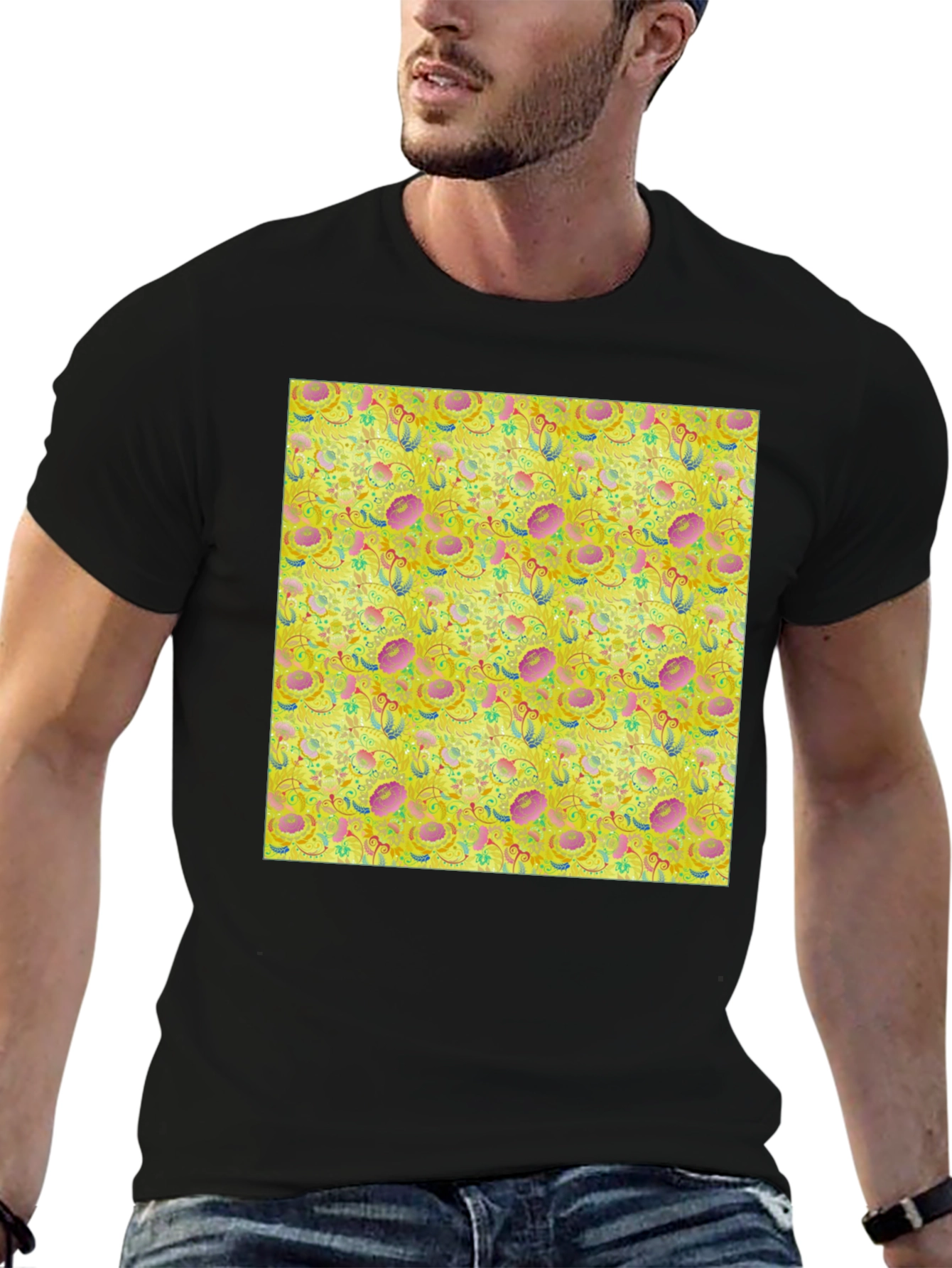 Floral Pattern T-Shirt - Funky Yellow Graphic Tee