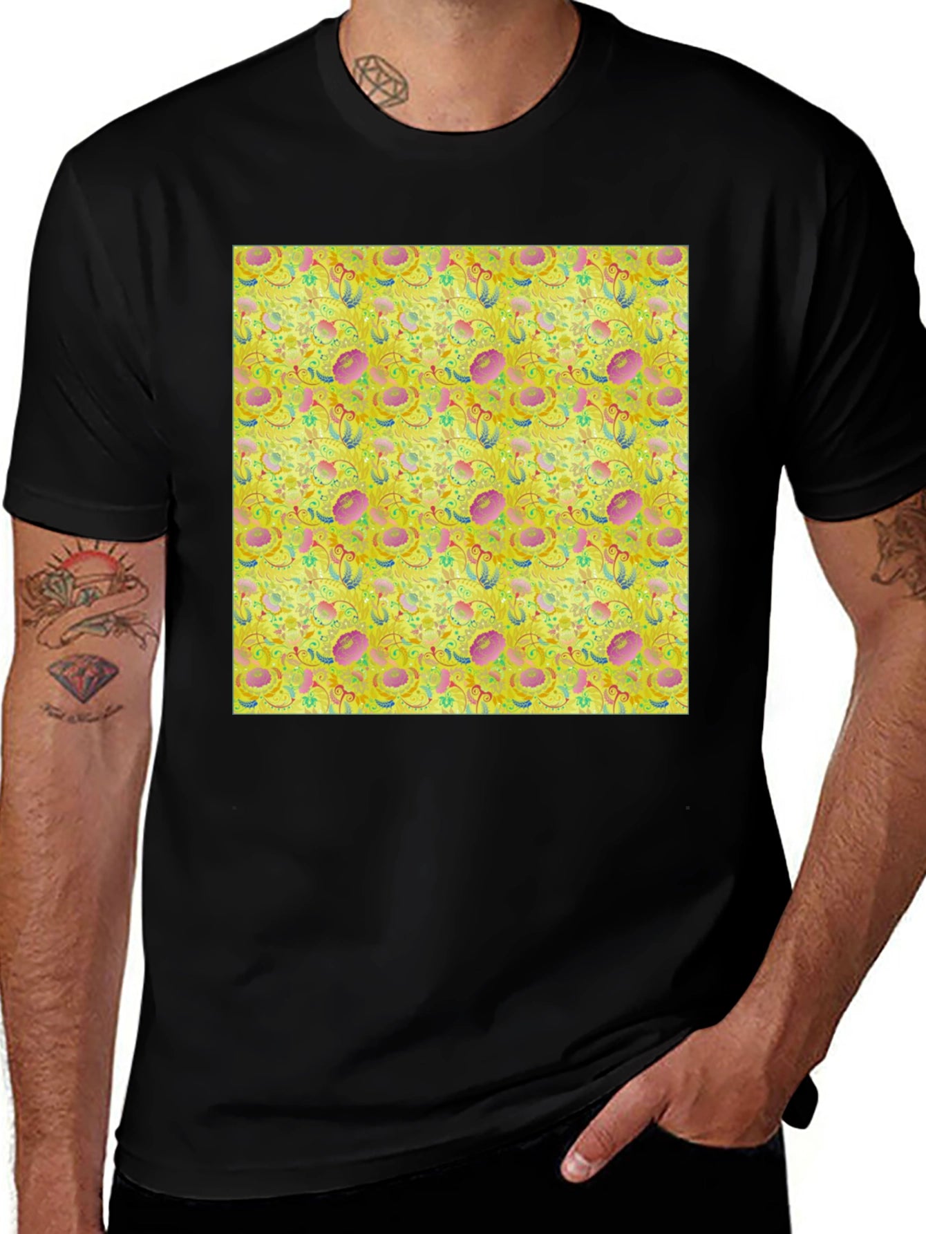 Floral Pattern T-Shirt - Funky Yellow Graphic Tee