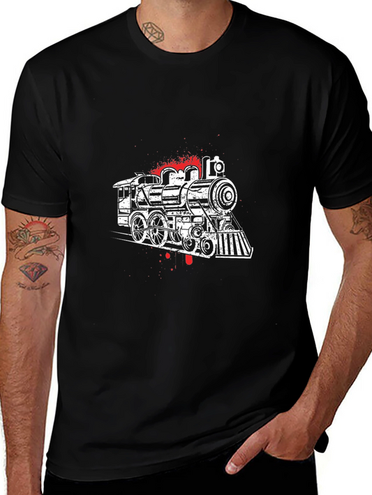 Vintage Train Graphic Tee - Black Cotton T-Shirt
