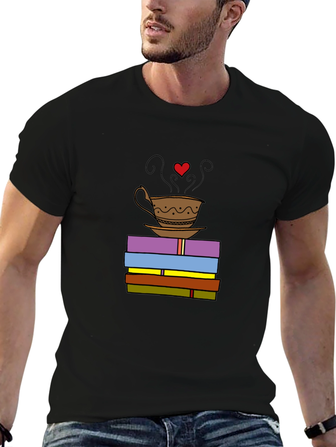 Book Lover T-Shirt: Coffee and Stack of Books Design
