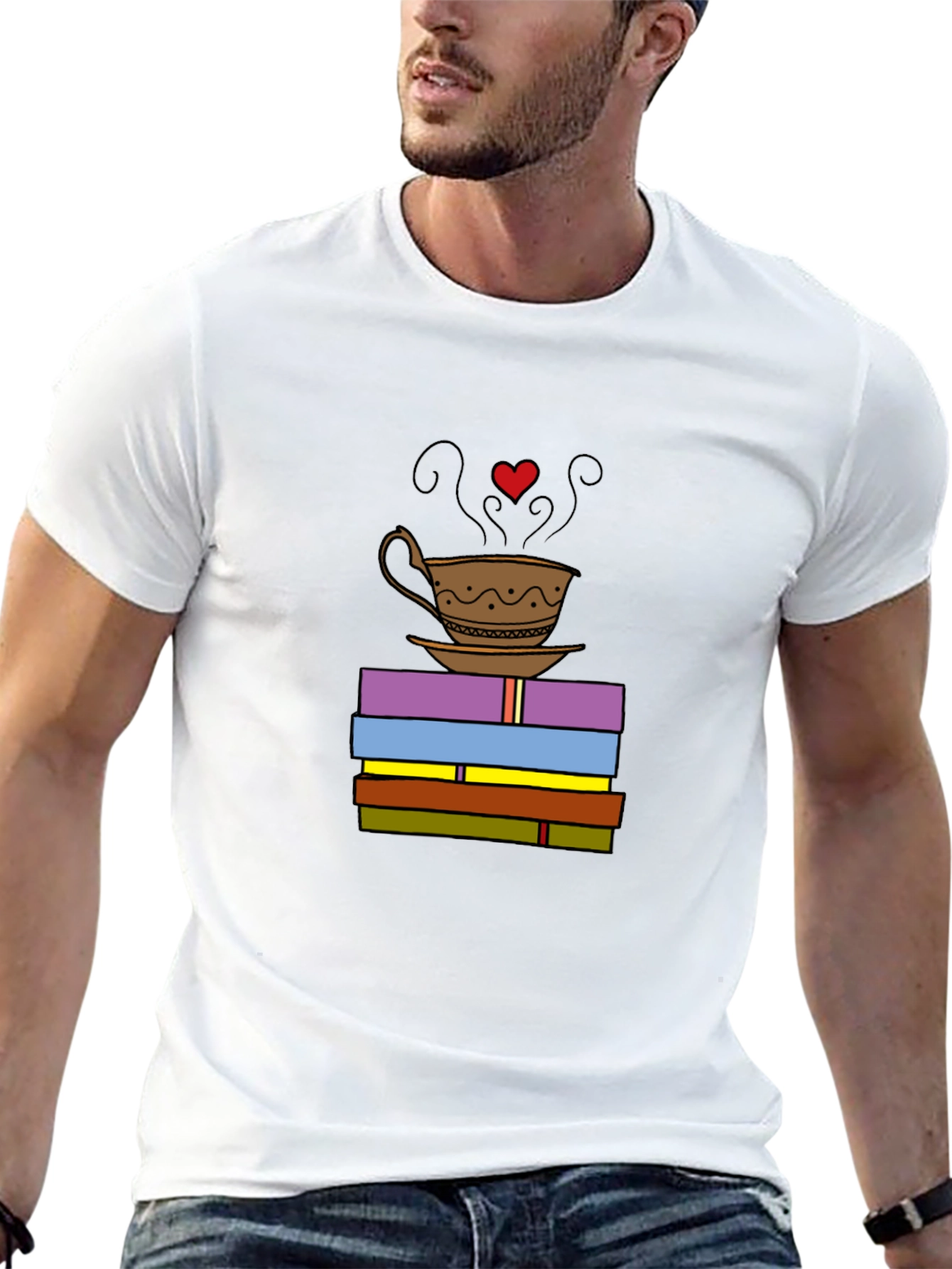 Book Lover T-Shirt: Coffee and Stack of Books Design