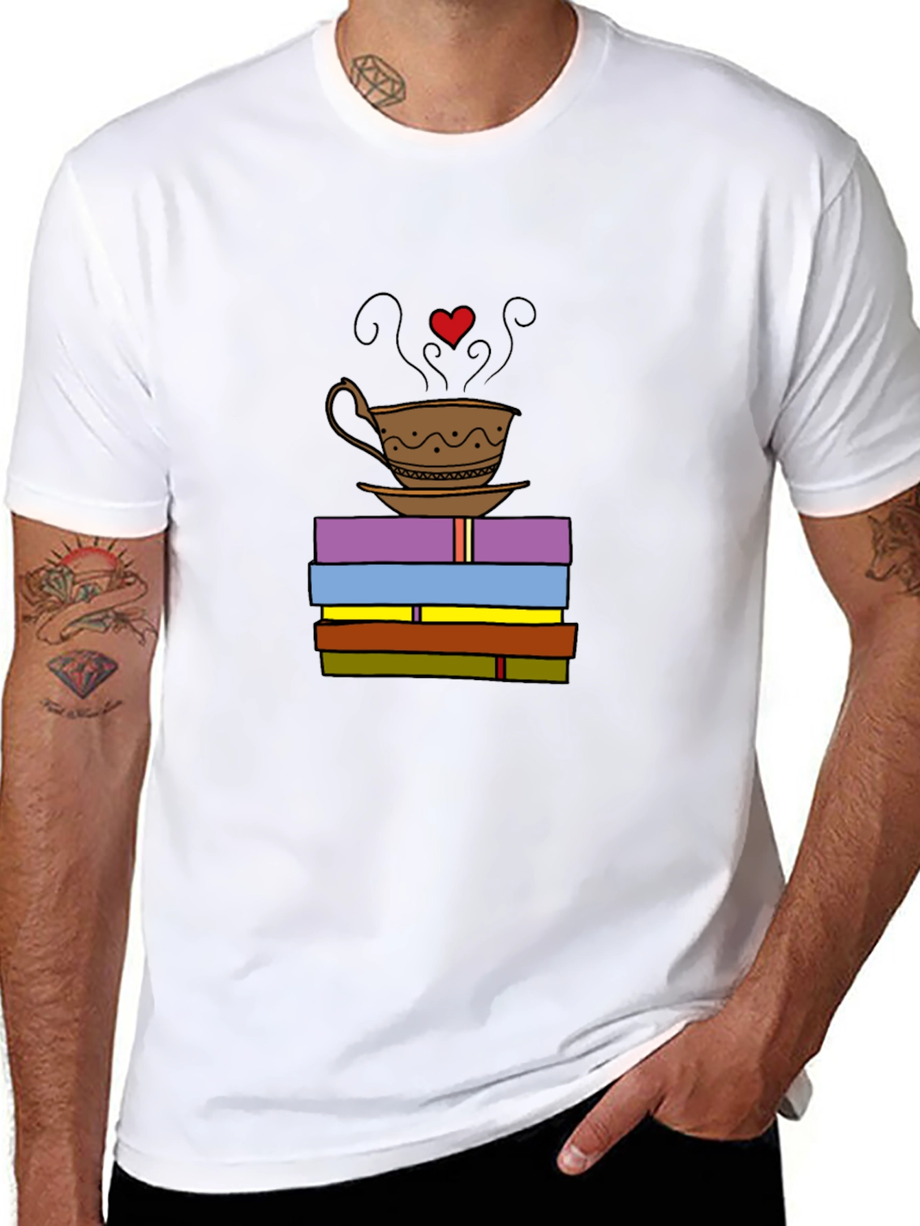 Book Lover T-Shirt: Coffee and Stack of Books Design