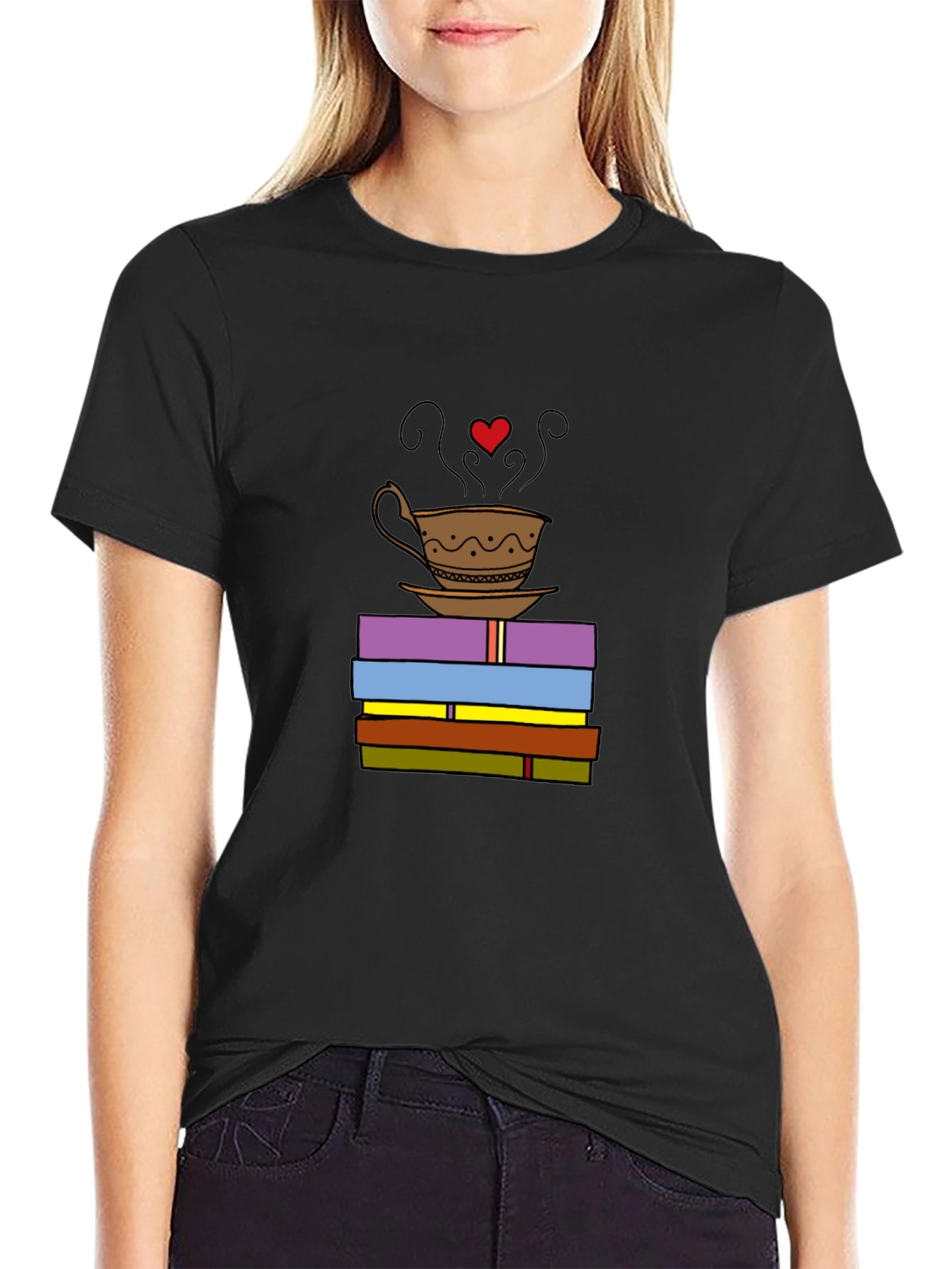 Book Lover T-Shirt: Coffee and Stack of Books Design