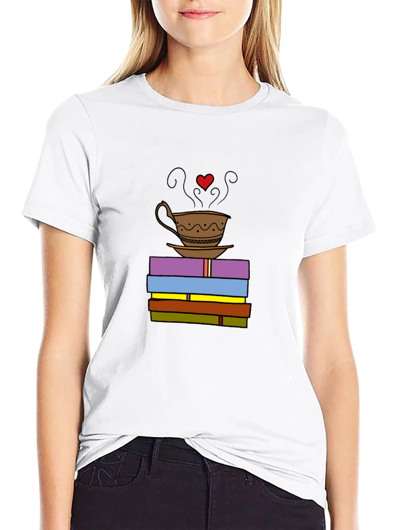 Book Lover T-Shirt: Coffee and Stack of Books Design