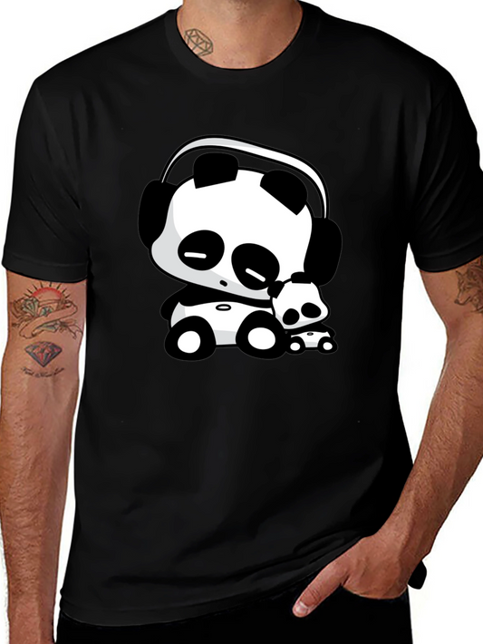 Cute Panda with Headphones Black T-Shirt