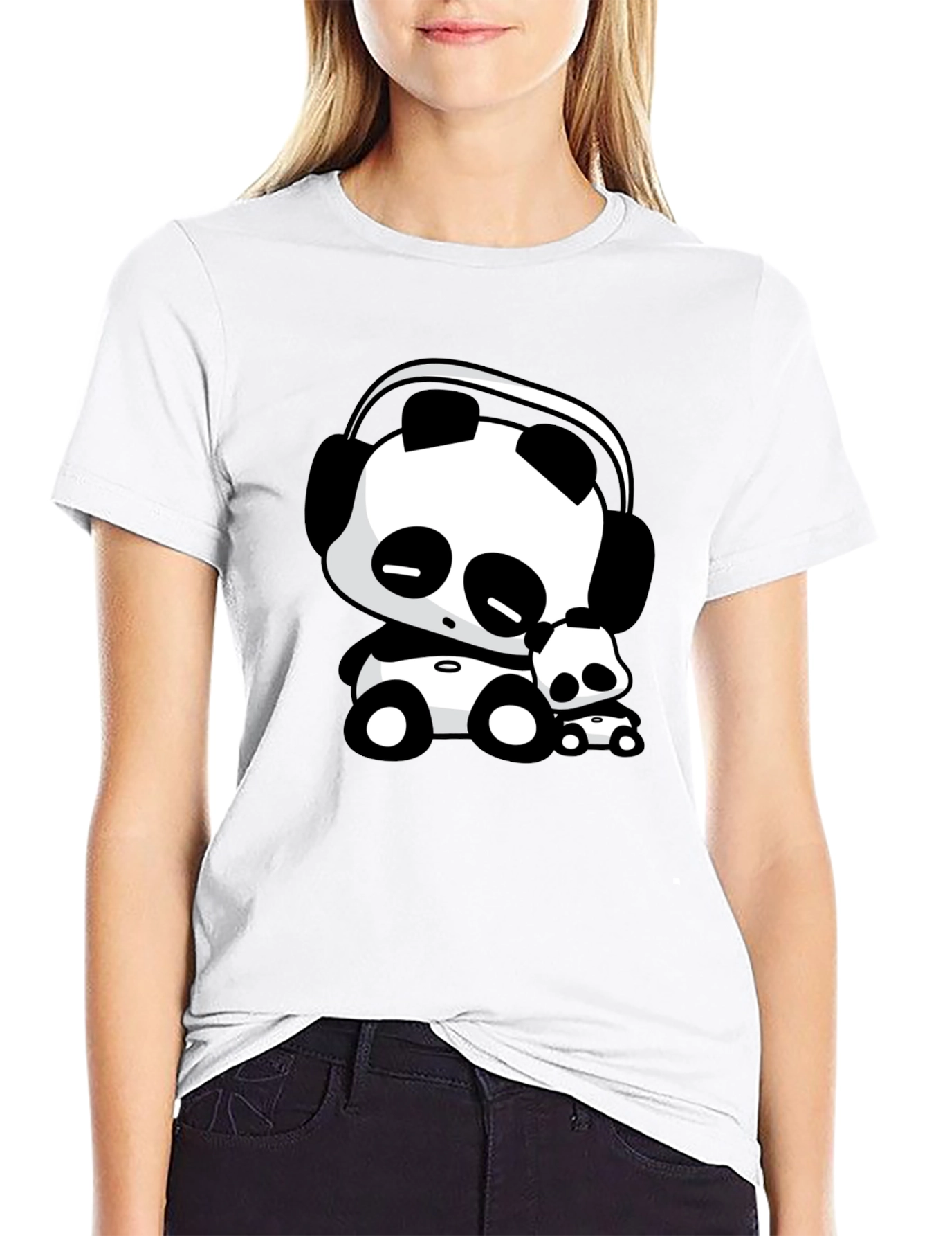 Cute Panda with Headphones Black T-Shirt