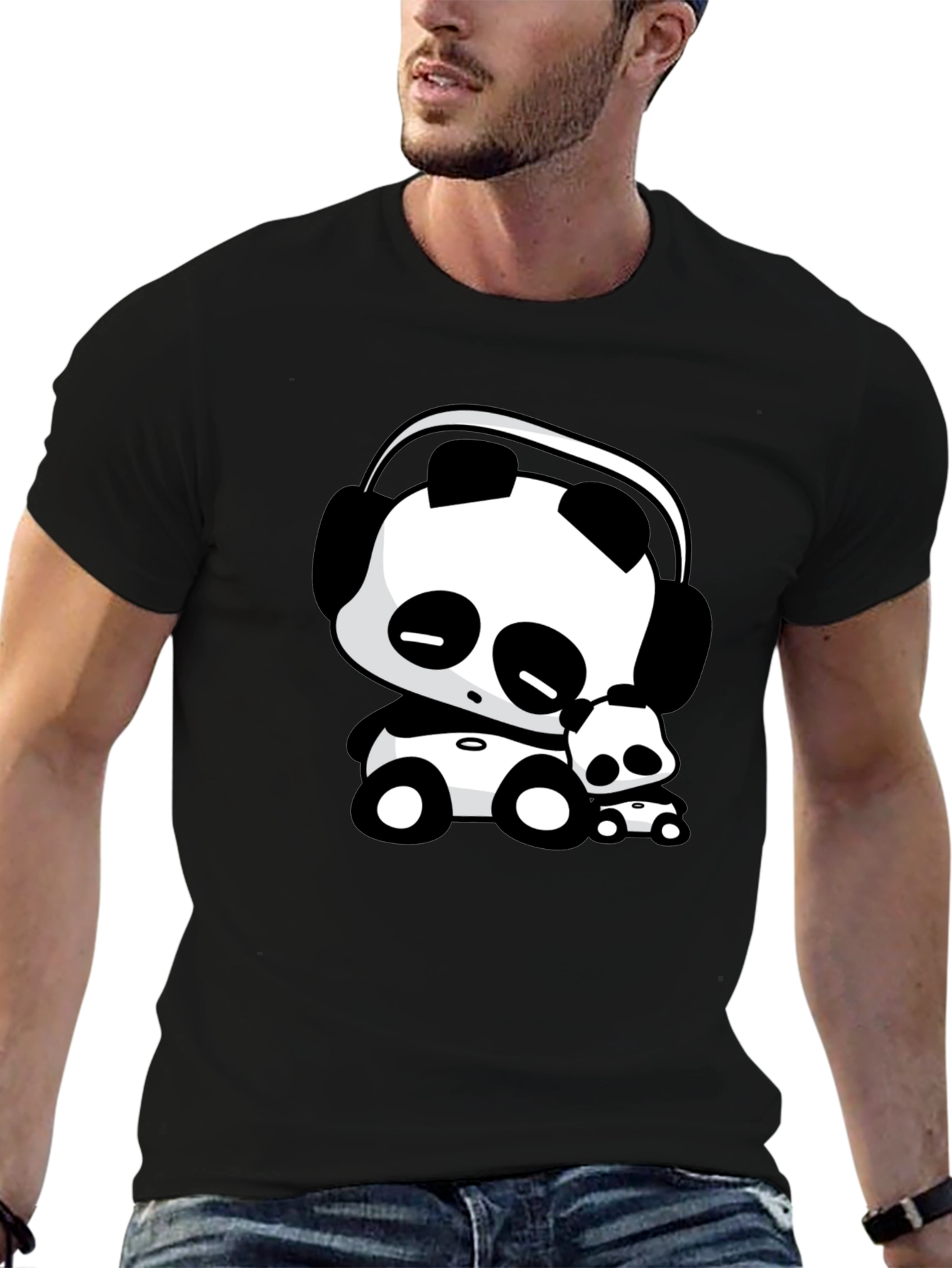 Cute Panda with Headphones Black T-Shirt