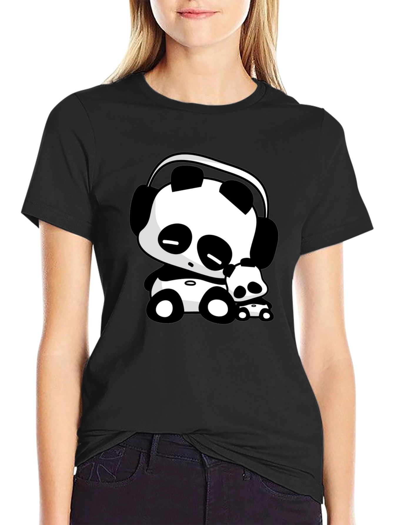 Cute Panda with Headphones Black T-Shirt
