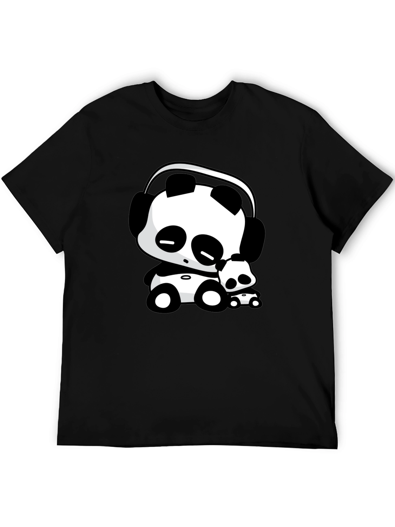 Cute Panda with Headphones Black T-Shirt