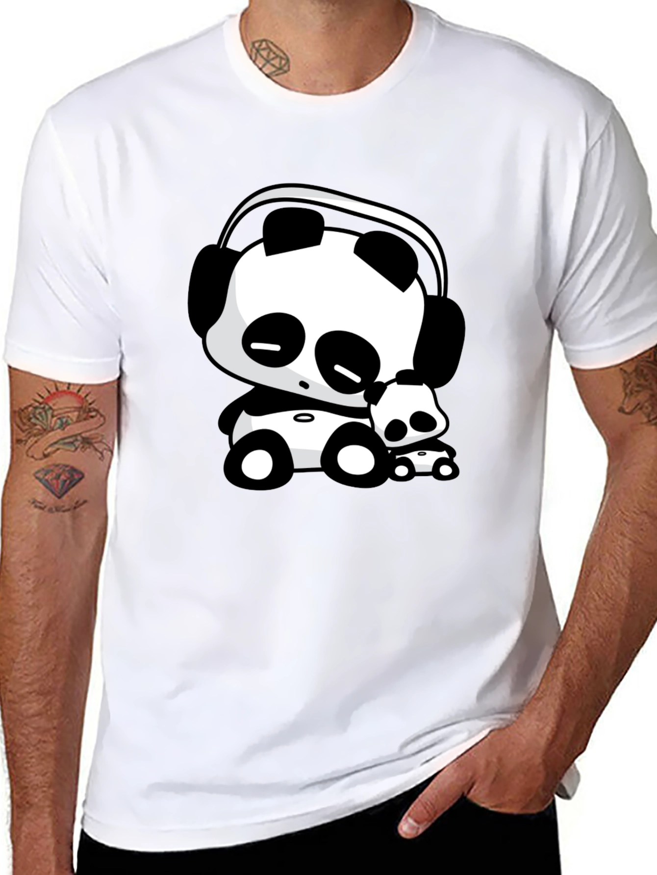 Cute Panda with Headphones Black T-Shirt