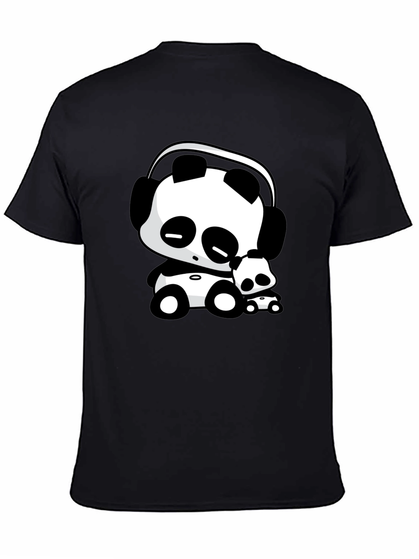 Cute Panda with Headphones Black T-Shirt
