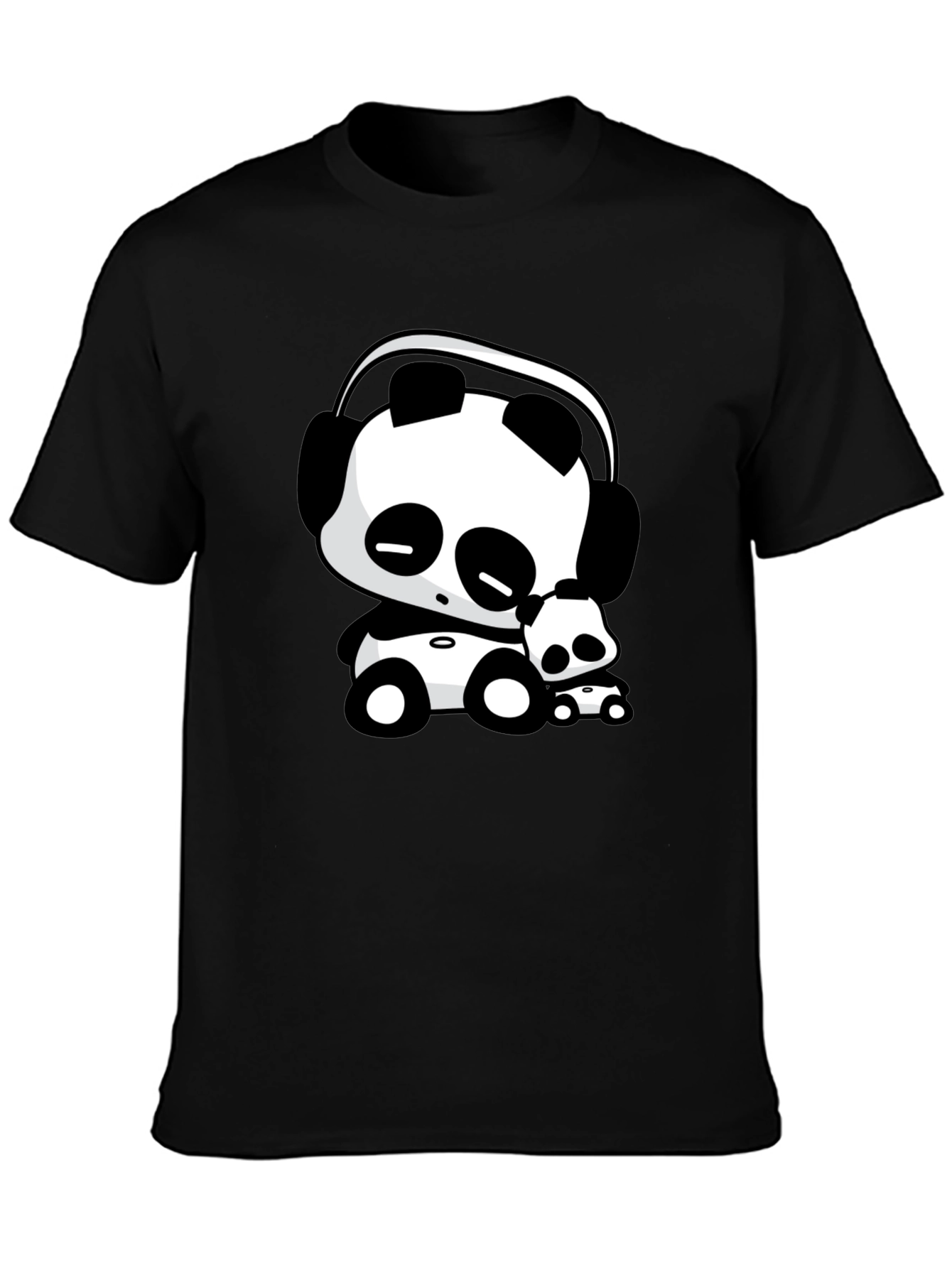 Cute Panda with Headphones Black T-Shirt