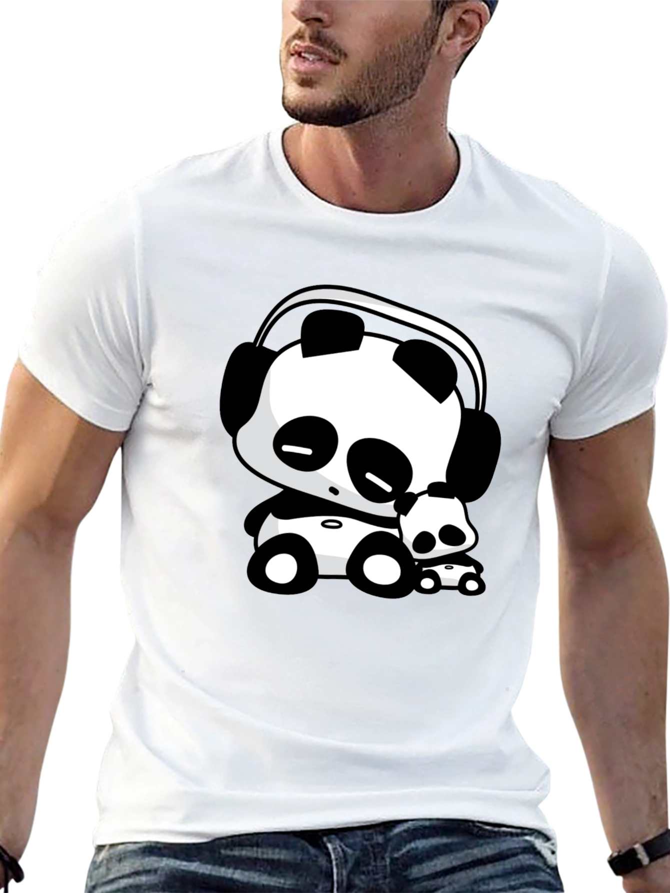 Cute Panda with Headphones Black T-Shirt