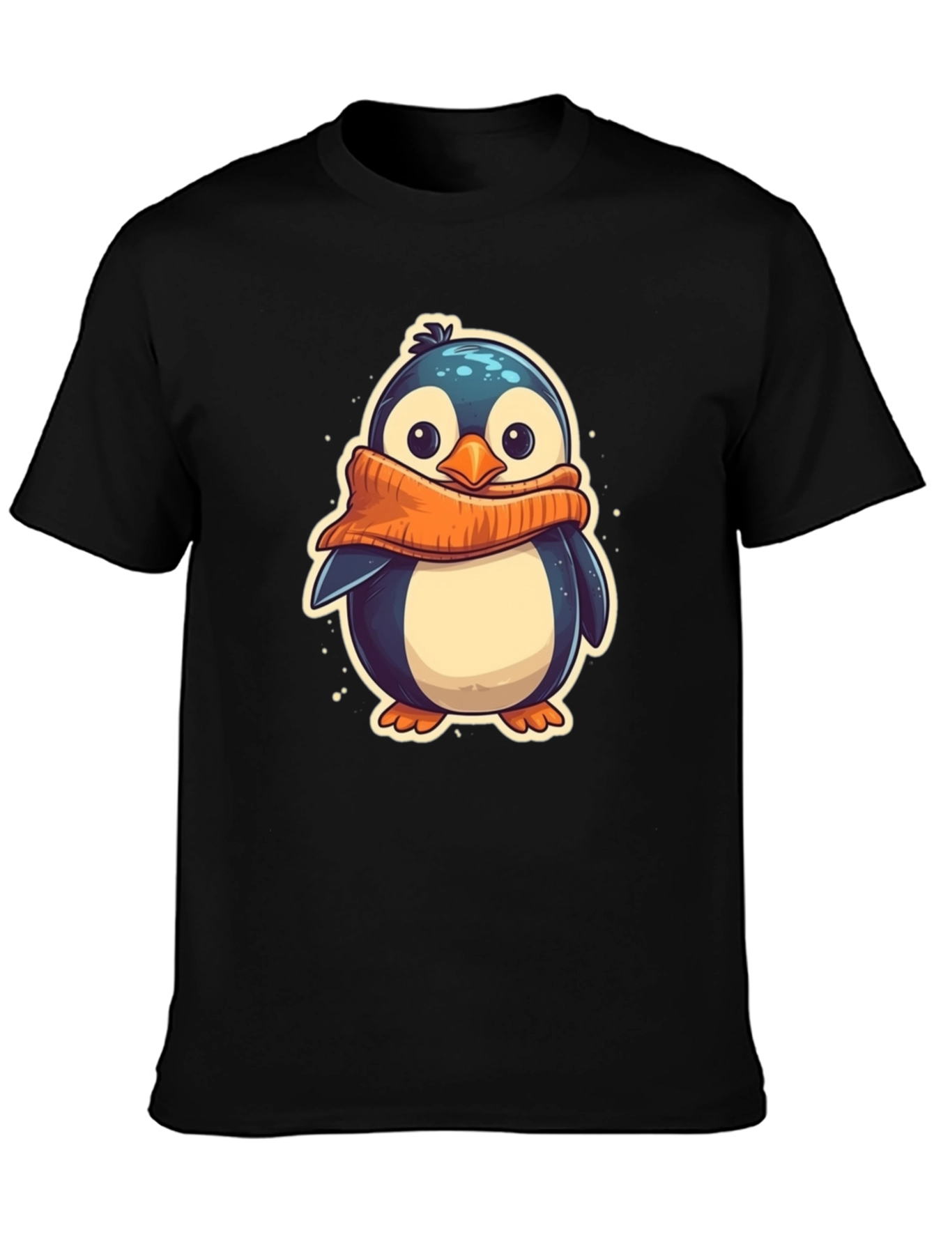 Cute Penguin Scarf Graphic Tee - Black Cotton T-Shirt