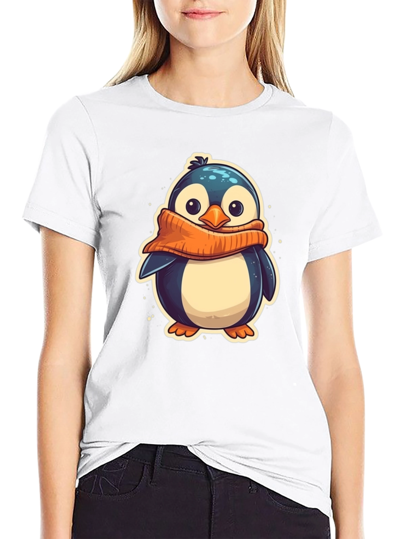 Cute Penguin Scarf Graphic Tee - Black Cotton T-Shirt