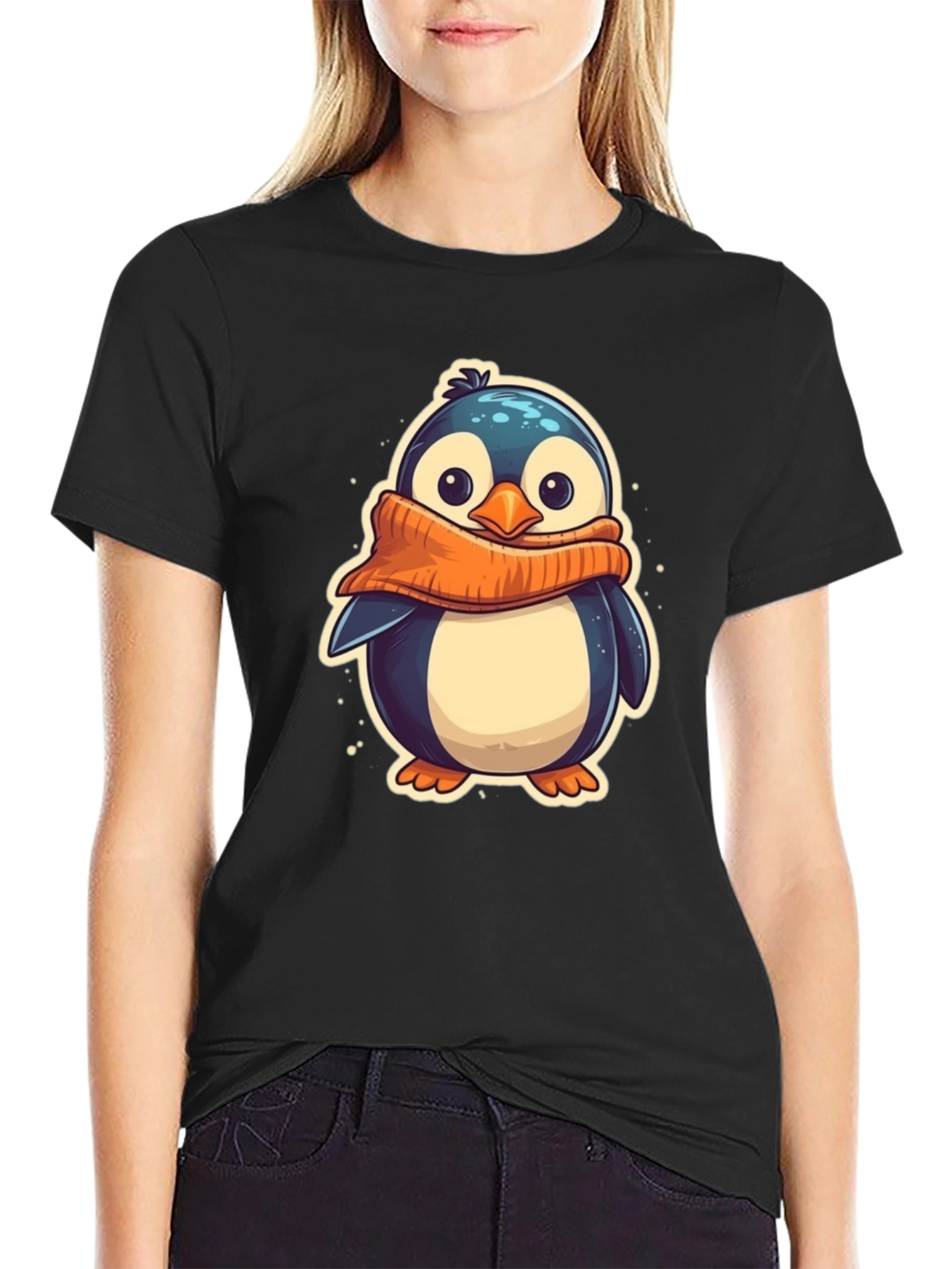 Cute Penguin Scarf Graphic Tee - Black Cotton T-Shirt