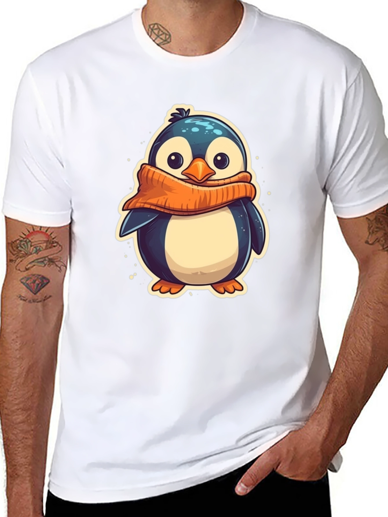 Cute Penguin Scarf Graphic Tee - Black Cotton T-Shirt