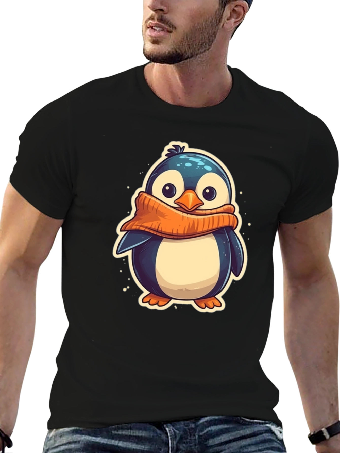 Cute Penguin Scarf Graphic Tee - Black Cotton T-Shirt
