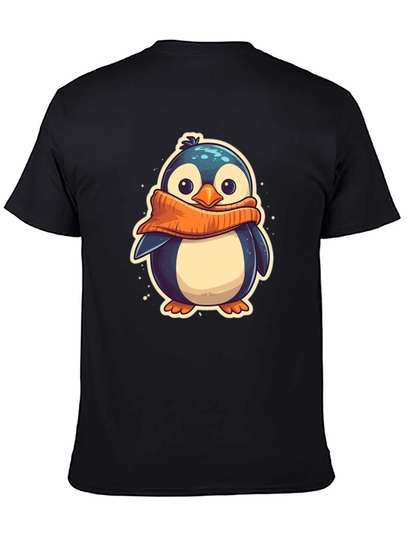 Cute Penguin Scarf Graphic Tee - Black Cotton T-Shirt