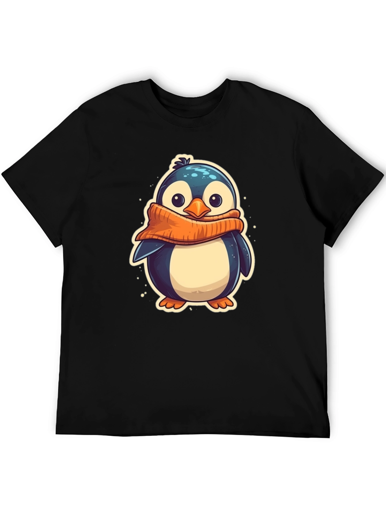 Cute Penguin Scarf Graphic Tee - Black Cotton T-Shirt