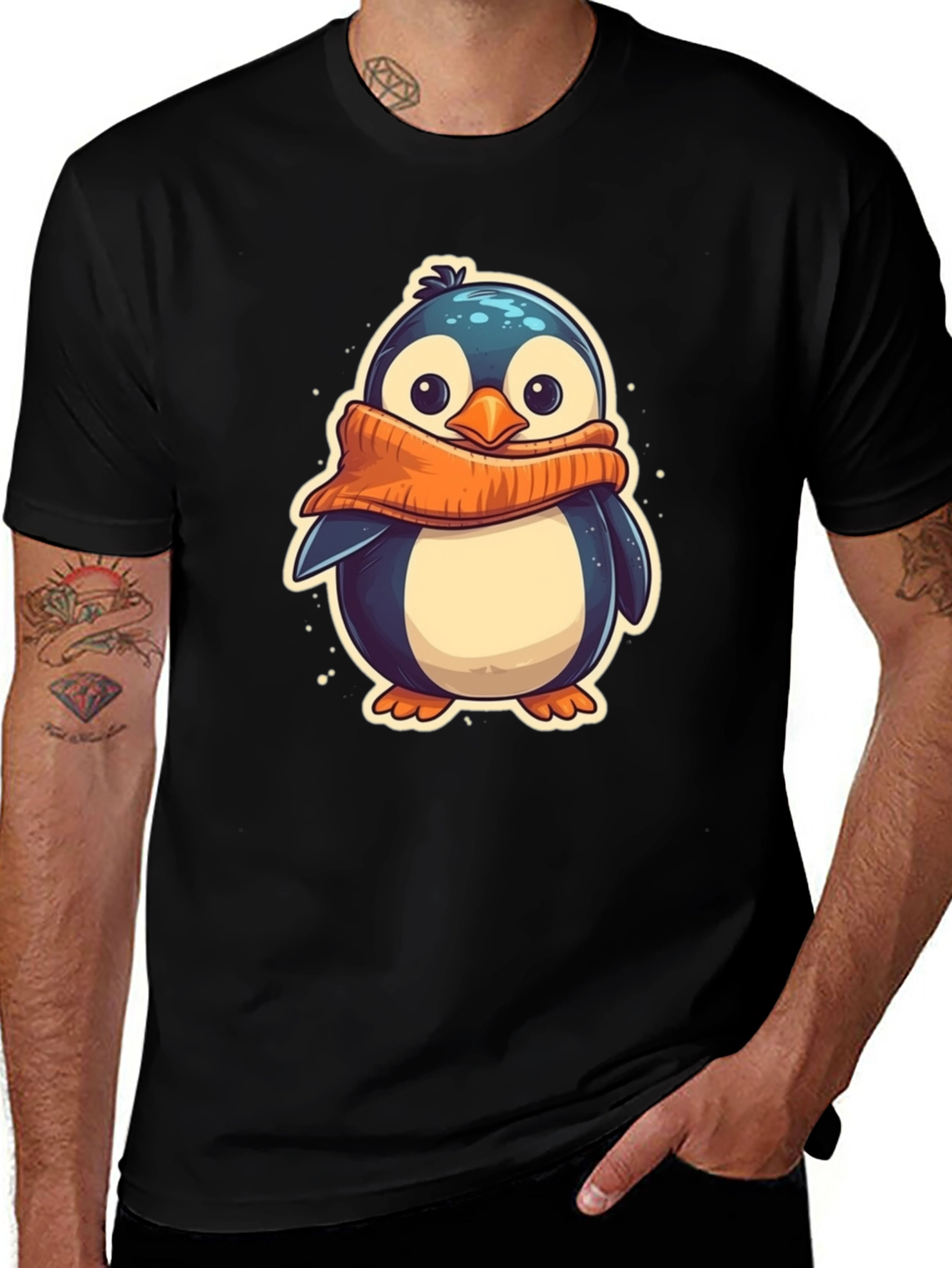 Cute Penguin Scarf Graphic Tee - Black Cotton T-Shirt