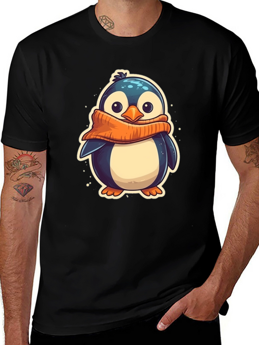 Cute Penguin Scarf Graphic Tee - Black Cotton T-Shirt
