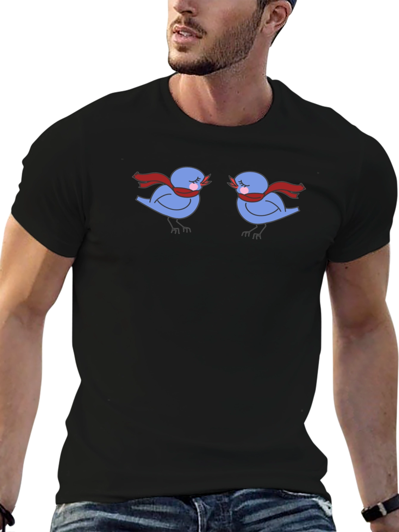 Birds with Scarves Black Graphic Tee