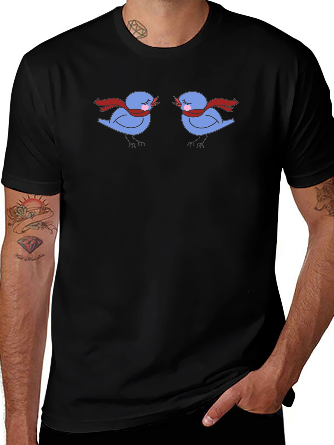Birds with Scarves Black Graphic Tee