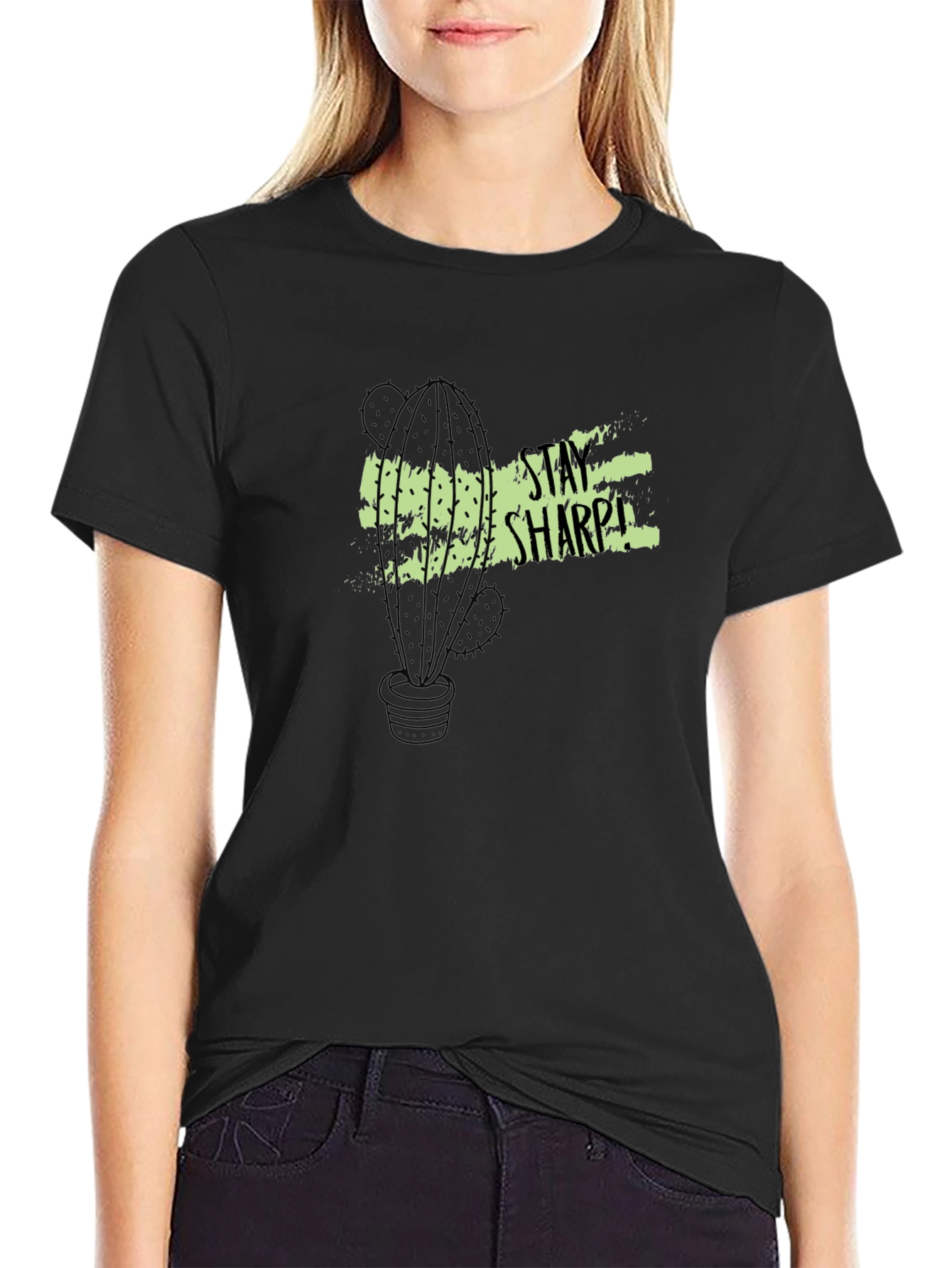 Stay Sharp Cactus Graphic Tee - Black Cotton T-Shirt