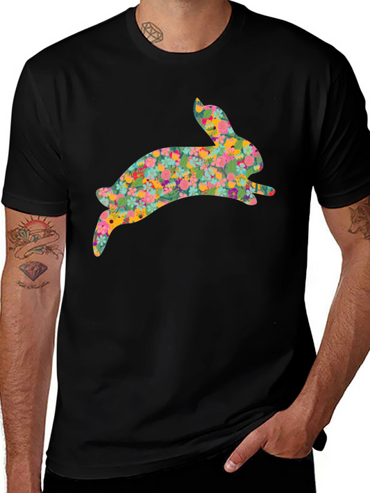 Floral Bunny Graphic Tee - Stylish Mens Black T-Shirt