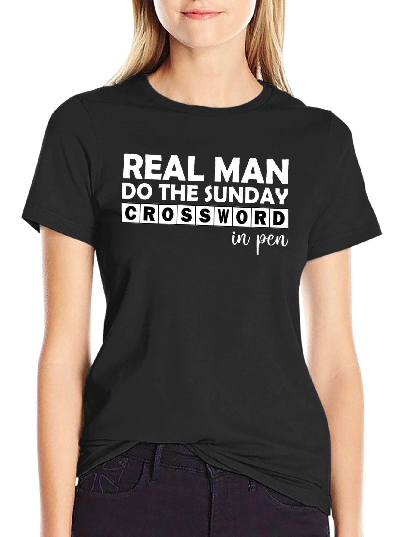 Real Man Sunday Crossword Black Graphic T-Shirt