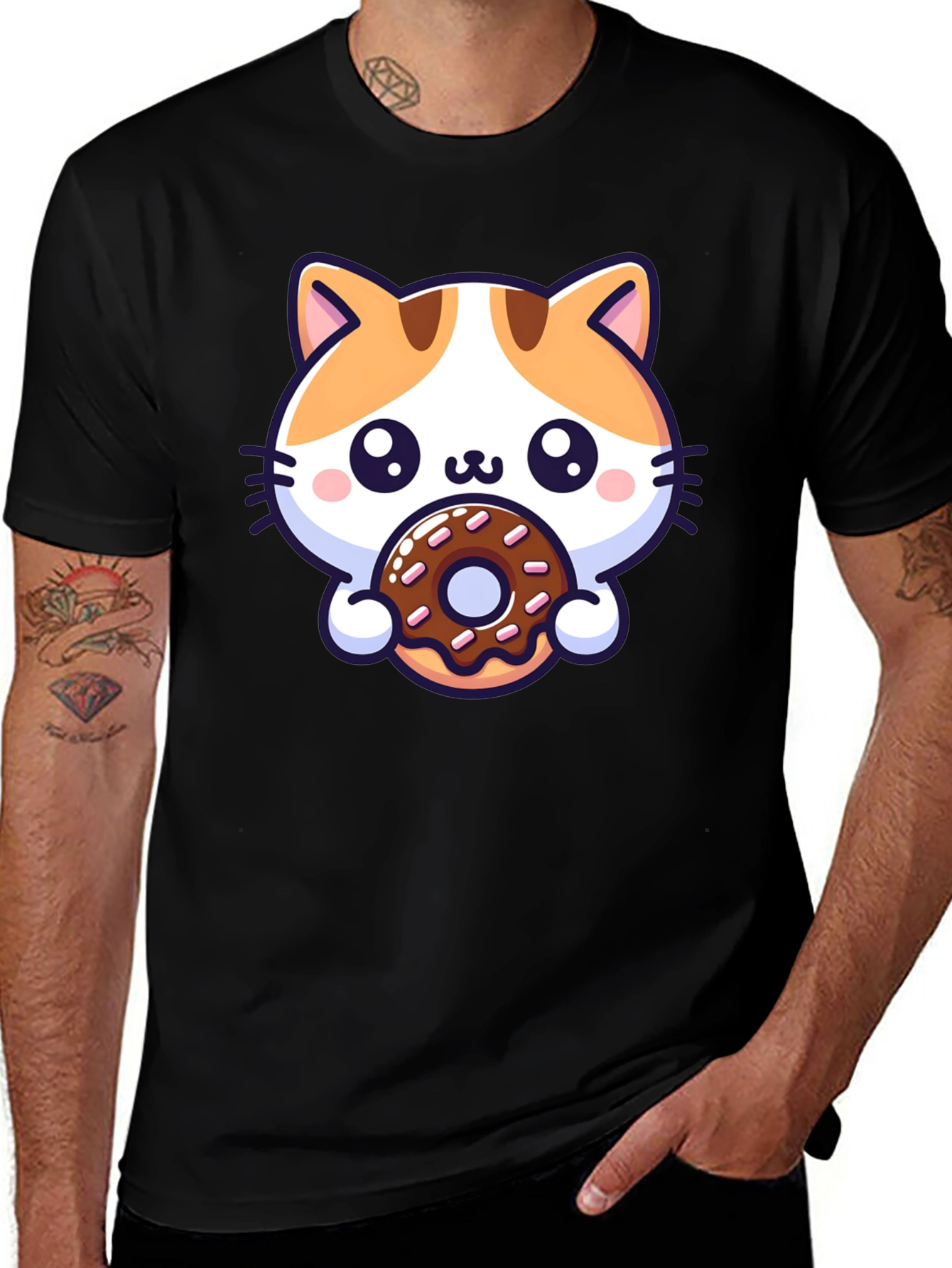 Cute Cat Donut T-Shirt - Unisex Black Tee