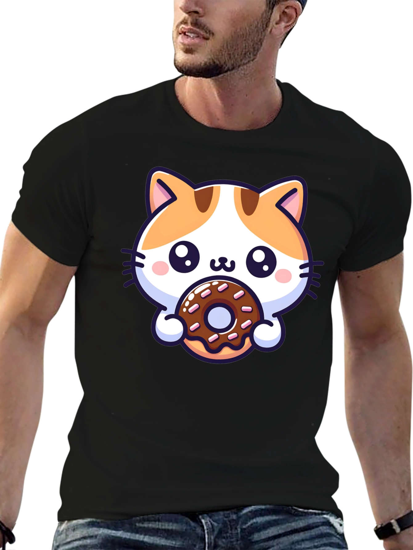Cute Cat Donut T-Shirt - Unisex Black Tee