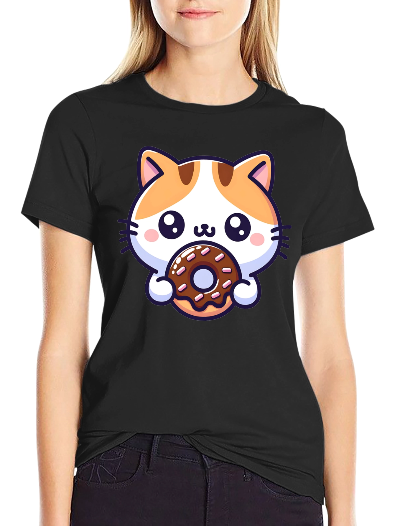 Cute Cat Donut T-Shirt - Unisex Black Tee