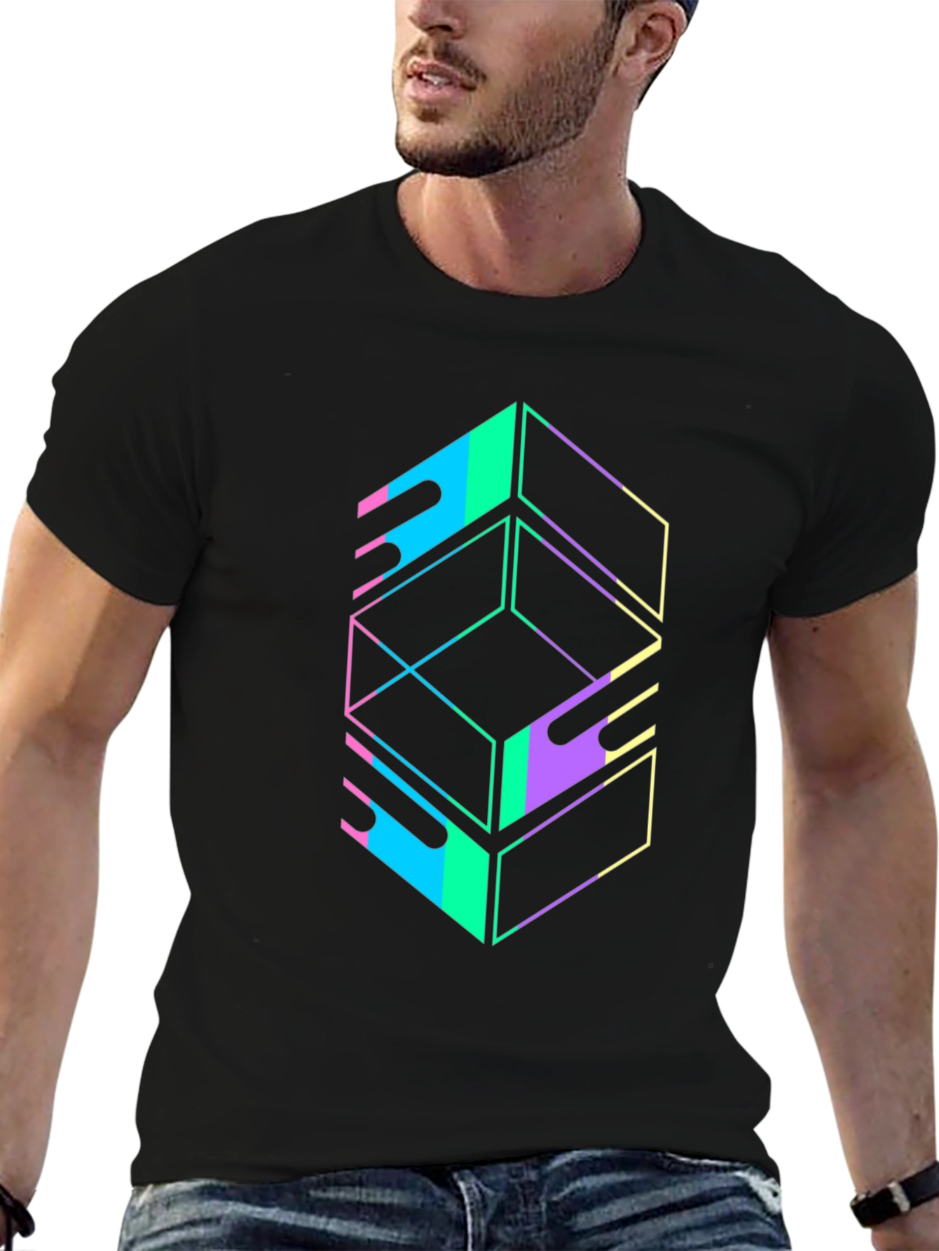 Geometric Graphic Tee - Retro Style Black T-Shirt
