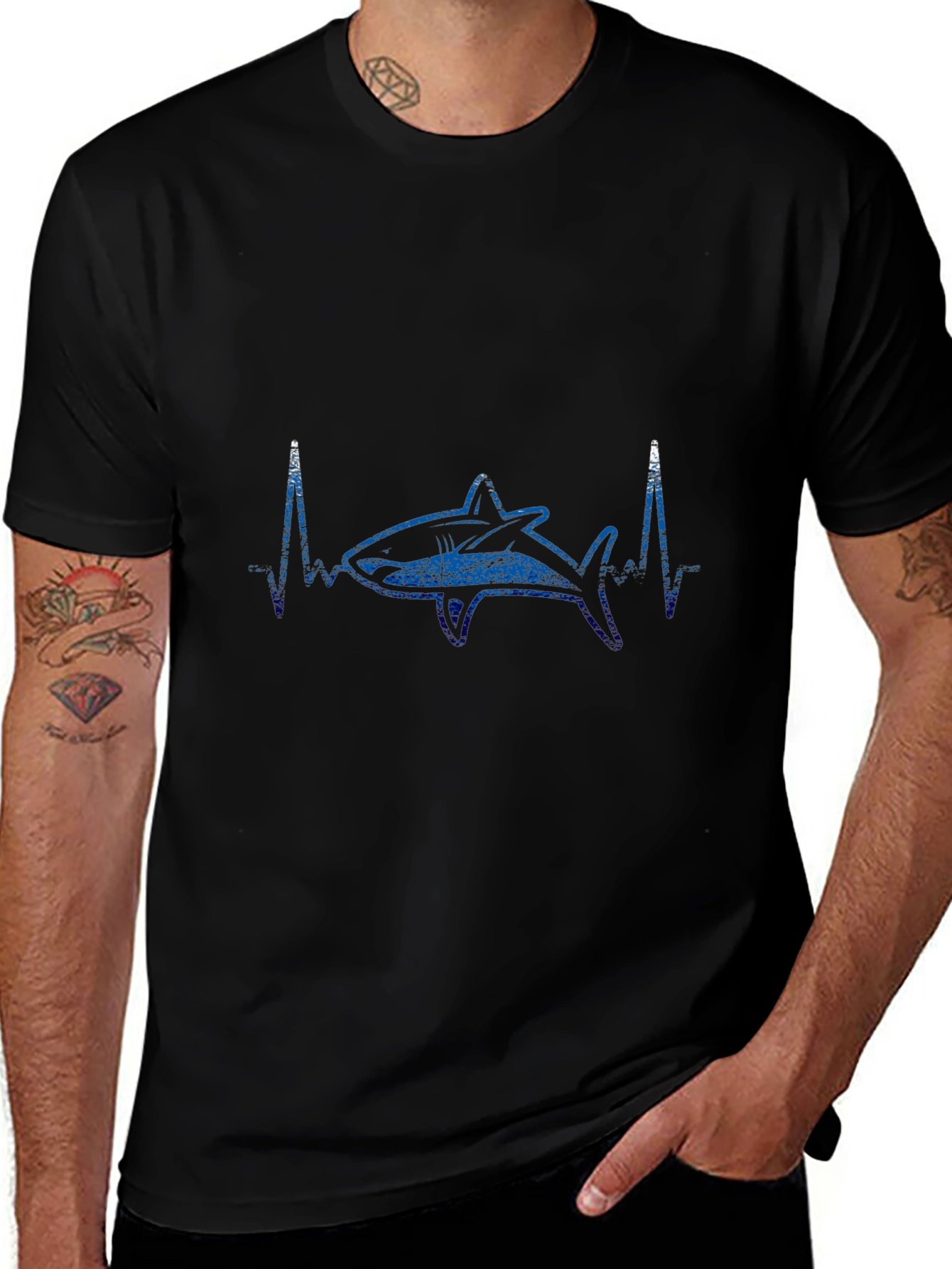 Shark Heartbeat Graphic Tee - Black Cotton T-Shirt