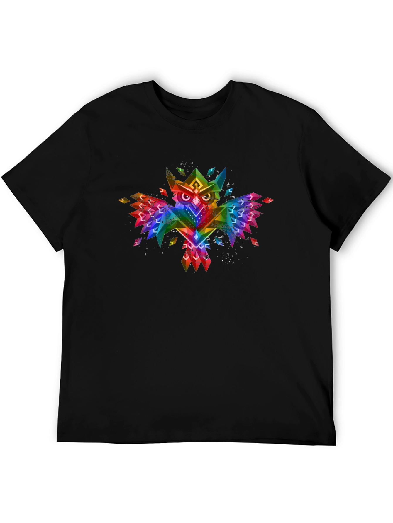 Geometric Rainbow Owl Graphic Black T-Shirt