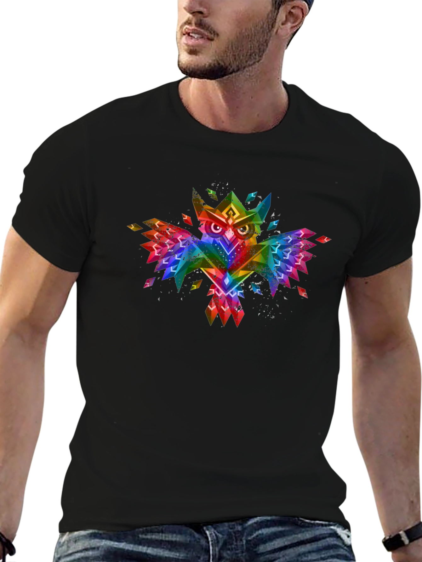 Geometric Rainbow Owl Graphic Black T-Shirt