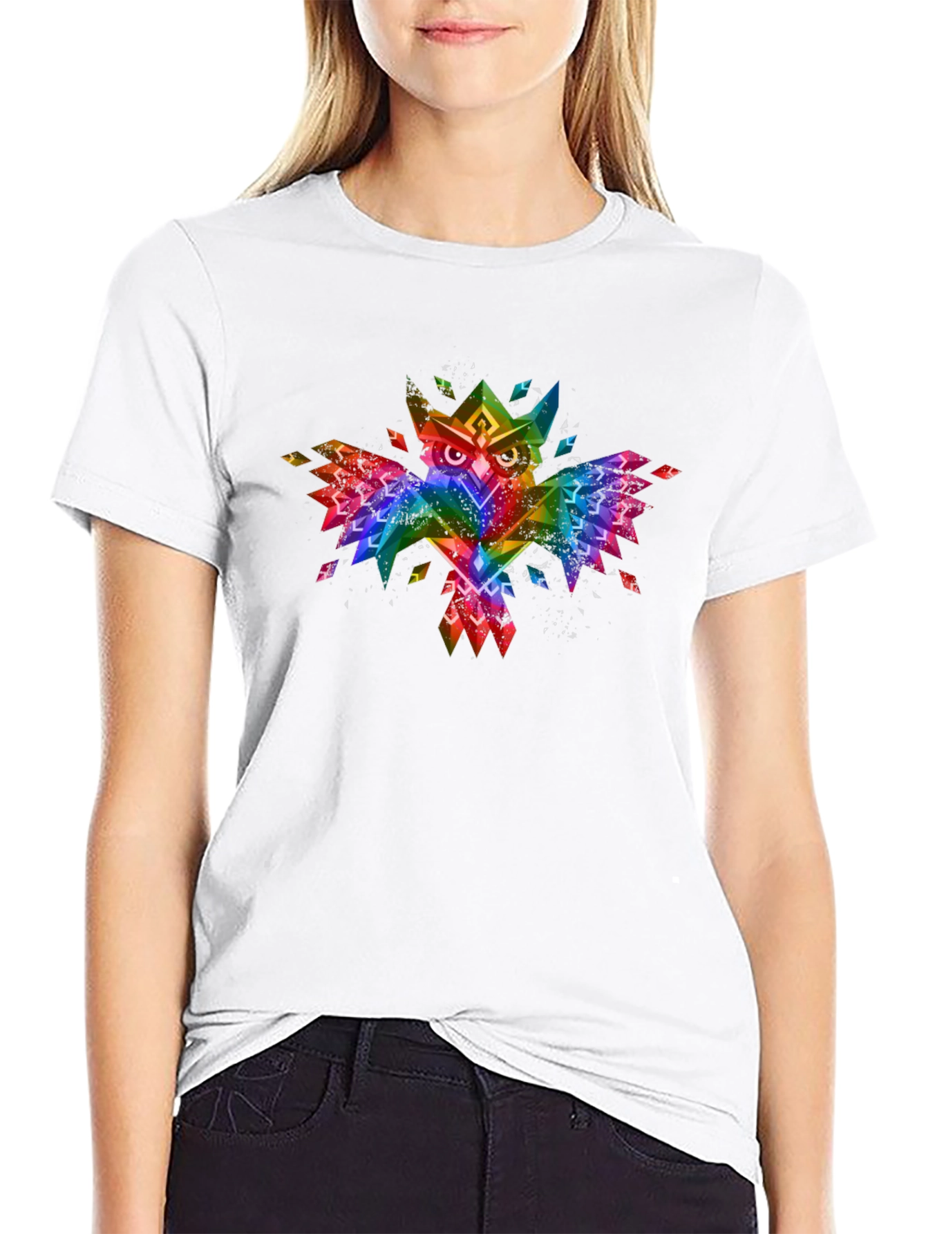Geometric Rainbow Owl Graphic Black T-Shirt